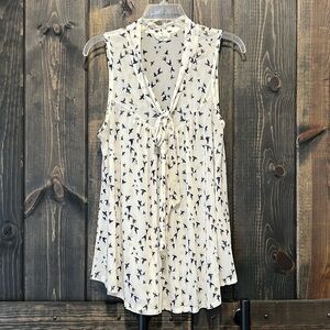 Ember Ivory Bird Print Top M Tie Front Blouse Flowy Semi Sheer Boho‎ Chic Office